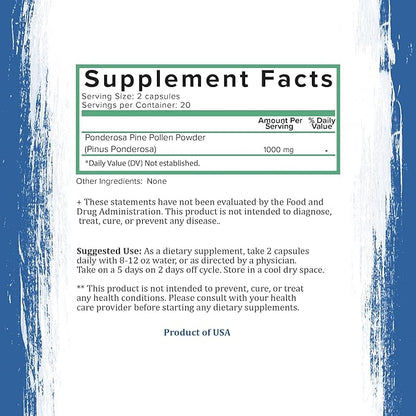 Holistic Bin Pine Pollen Capsules 500mg (Pinus Ponderosa) - Wild Harvested California Ponderosa Pine Pollen Powder - Olympic Grade - Organic, Non-GMO, No Fillers - 30 Day Supply (40 Capsules)