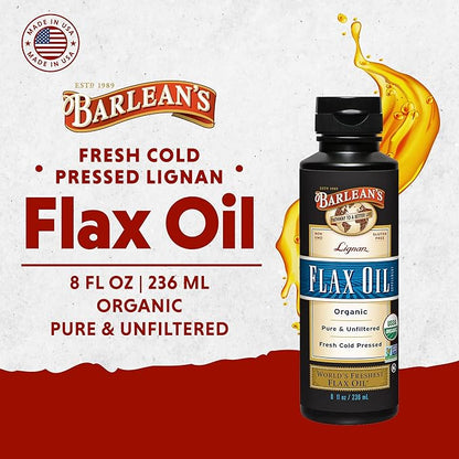 Barlean's Organic Lignan Flaxseed Oil Liquid Supplement from Cold Pressed Flax Seeds, 7,230 mg ALA Omega-3 Fatty Acids for Skin and Hair Care, Vegan & Gluten Free, 8 oz