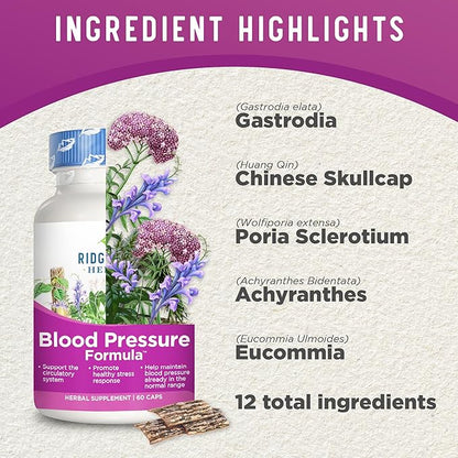 Ridgecrest Herbals Blood Pressure Herbal Formula, 12 Herbs, Poria Mushroom, Gastrodia, Gardenia, for Heart, Vascular, Circulation Health (60 Count (Pack of 1))