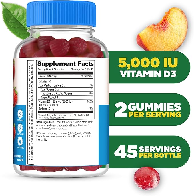 Lifeable Sugar Free Vitamin D 5000 IU - Great Tasting Natural Flavor Gummy Supplement - Gluten Free Vegetarian GMO-Free Chewable - for Immune Support and Bone Health - for Adults - 90 Gummies