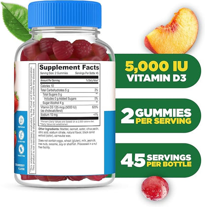 Lifeable Sugar Free Vitamin D 5000 IU - Great Tasting Natural Flavor Gummy Supplement - Gluten Free Vegetarian GMO-Free Chewable - for Immune Support and Bone Health - for Adults - 90 Gummies