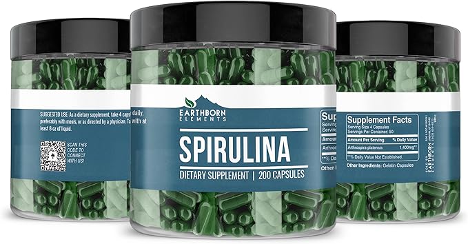 Earthborn Elements Spirulina 200 Capsules, Pure & Undiluted, No Additives