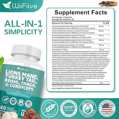 Lions Mane 3000mg Turkey Tail 3000mg Reishl 1000mg Chaga 1000mg Cordyceps Powder Extract Containing Maitaake Shiitake Black Fungus,Brain Supplement, Mineral Supplements, 60 Capsules