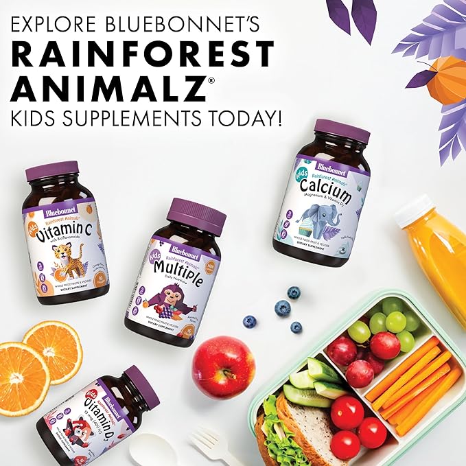 Bluebonnet Nutrition Rainforest Animalz Whole Food Based Multiple Chewable Tablets, Kids Multivitamin & Mineral, Vitamin C, D3, Iron, Gluten Free, Milk Free, Kosher, 90 Chewable Tablets, Mixed Flavors