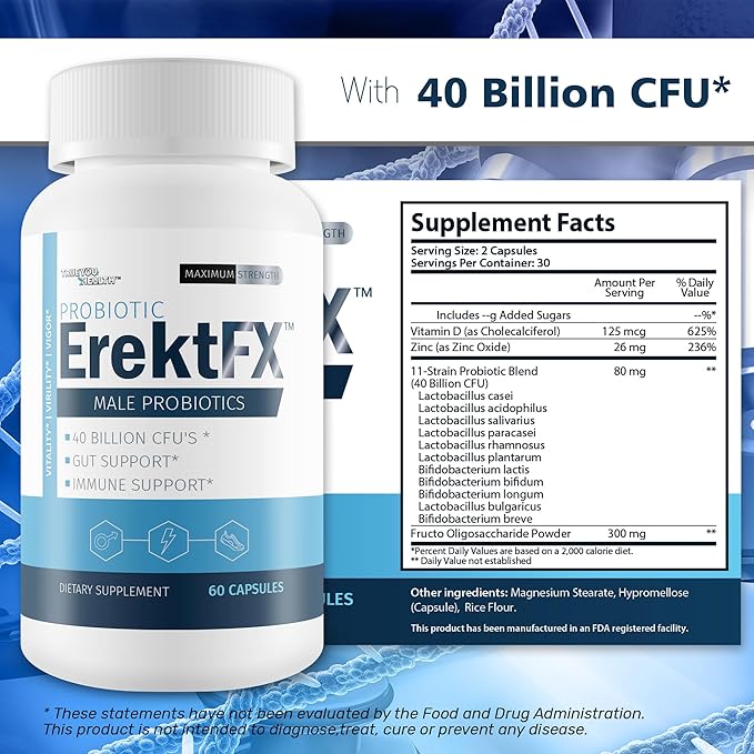 Probiotic ErektFx - Male Probiotics - Lift Your Gut Health to Support Your Overall Mind & Body - Over 40 Billion CFU’s of Probiotics Formulated for Men - Support Improved Overall Health