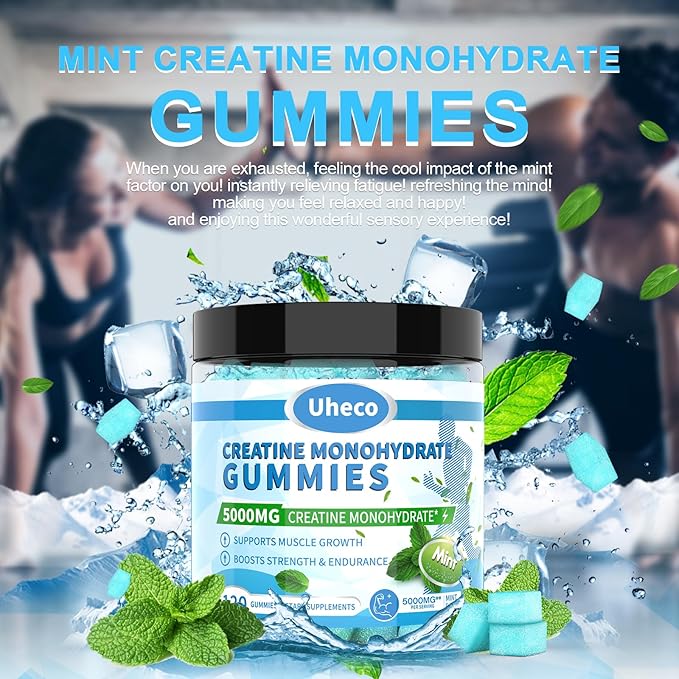 Mint Flavor Creatine Monohydrate Gummies for Men & Women,Contains L-Taurine + Vitamin B12, Betaine, L-Citrulline for Improve Exercise Endurance, Muscle Strength -120 Count