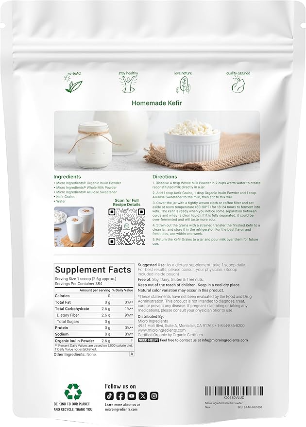 Organic Inulin FOS Powder (Jerusalem Artichoke), 2.2 Pounds (35 Ounce), Quick Water Soluble, Prebiotic Intestinal Support for Colon and Gut Health, Natural Fibers for Smoothie & Drinks, Vegan Friendly