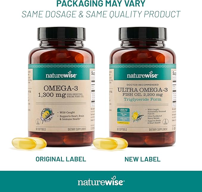 NatureWise Ultra Omega 3 Fish Oil 2200 mg - Triglyceride Form - Lemon Flavor - Wild-Caught Fish Oil + EPA & DHA - Supports Brain & Heart Health - Burpless, Non-GMO - 180 Softgels[3-Month Supply]