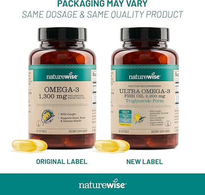 NatureWise Ultra Omega 3 Fish Oil 2200 mg - Triglyceride Form - Lemon Flavor - Wild-Caught Fish Oil + EPA & DHA - Supports Brain & Heart Health - Burpless, Non-GMO - 180 Softgels[3-Month Supply]