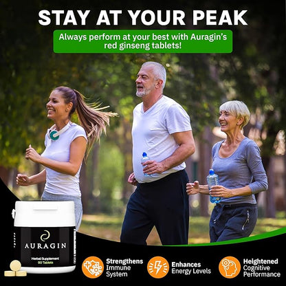 Auragin® Authentic Korean Red Ginseng – Made in Korea – 6 Year Roots – No Additives or Other Ingredients – 100% Red Panax Ginseng in Every Tablet