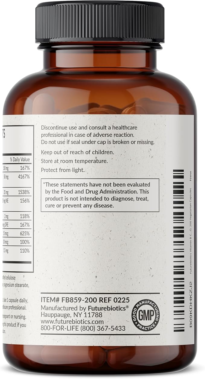 Futurebiotics Vitamin B Complex with Vitamin C Supports Energy Production, Nervous System & Immune Support - Non-GMO, 200 Vegetarian Capsules