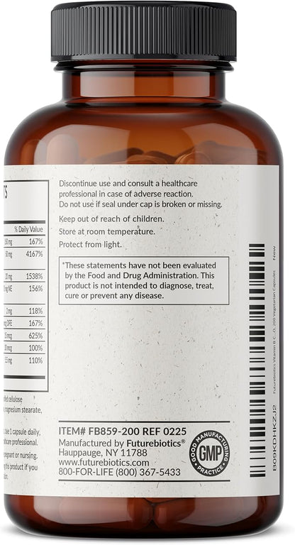 Futurebiotics Vitamin B Complex with Vitamin C Supports Energy Production, Nervous System & Immune Support - Non-GMO, 200 Vegetarian Capsules