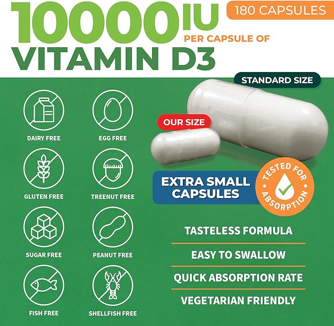 ForestLeaf Vitamin D3 10,000 IU | VIT D - VIT D3 Vitamin D Supplements for Women and Men | Bone Health, Teeth and Immune Support | Easy to Swallow Pills | High Potency Daily, 6-Month Supply, 180 Caps