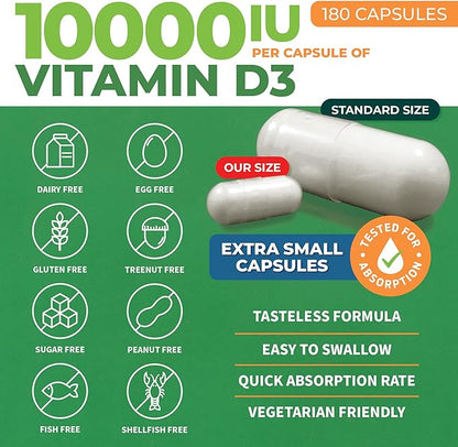 ForestLeaf Vitamin D3 10,000 IU | VIT D - VIT D3 Vitamin D Supplements for Women and Men | Bone Health, Teeth and Immune Support | Easy to Swallow Pills | High Potency Daily, 6-Month Supply, 180 Caps