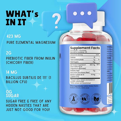 Magnesium Glycinate Gummies - High Potency Magnesium Supplement with Maximum 423mg of Elemental Magnesium, Pre and Probiotics | Magnesium Bisglycinate for Superior Health Support | 60 Count