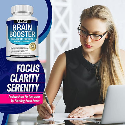 Toplux Brain Supplement Nootropic – Brain Pills Vitamin with DMAE, Bacopa Monnieri, L-Gutamine, for Men Women, 60 Capsules, Nutrition