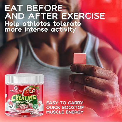 Creatine Monohydrate Chews Complex for Men & Women -Advanced Formula W/L-Taurine + Vitamin B12, Sugar Free Chewable Supplement,60 Strawberry Softchews.
