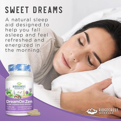 Ridgecrest Herbals DreamOn Zen, Sleep Support Supplement, Melatonin Free, Magnesium, 5-HTP, Lavender, Chamomile, Valerian, Lemon Balm for Adults and Children 12+ (60 Caps, 30 Serv)