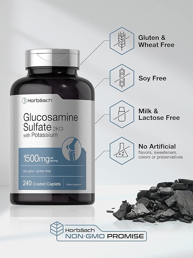 Horbäach Glucosamine Sulfate 1500mg | 240 Caplets | 2KCI with Potassium | Non-GMO and Gluten Free Supplement