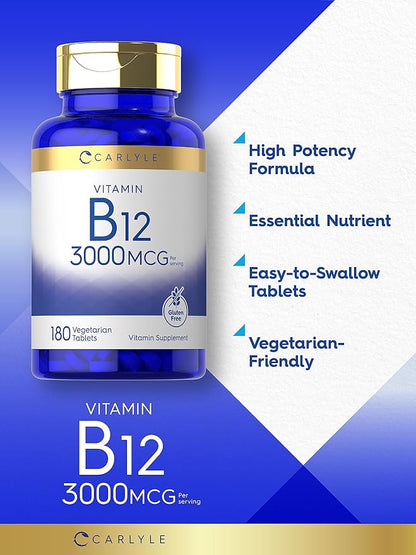 Carlyle B12 Vitamin 3000 mcg | 180 Tablets | Vegetarian Supplement | Non-GMO & Gluten Free