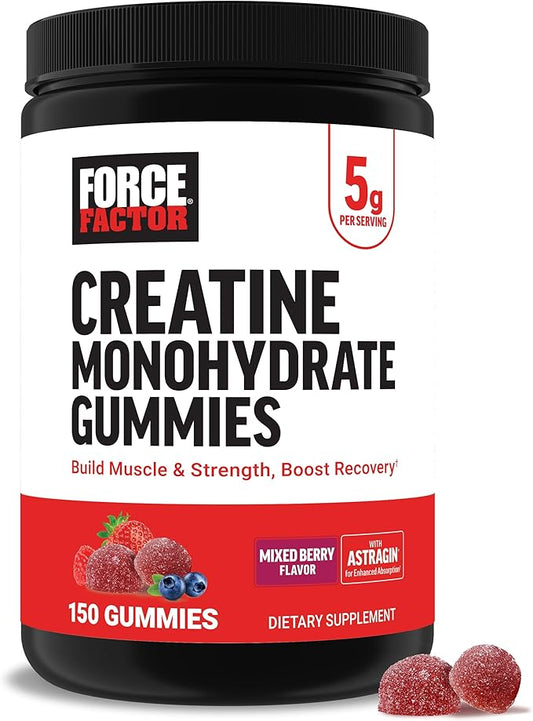 Force Factor Creatine Gummies, 5 Grams Creatine Monohydrate for Muscle Gain, More Strength, and Faster Recovery, Mixed Berry, 150 Gummies, 30 Servings