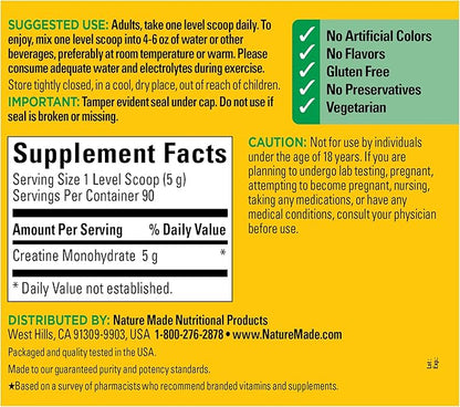 Nature Made Creatine Monohydrate Powder 5 g per Serving, Unflavored Drink Mix Powder, Muscle Support, 450 g, 90 Day Supply