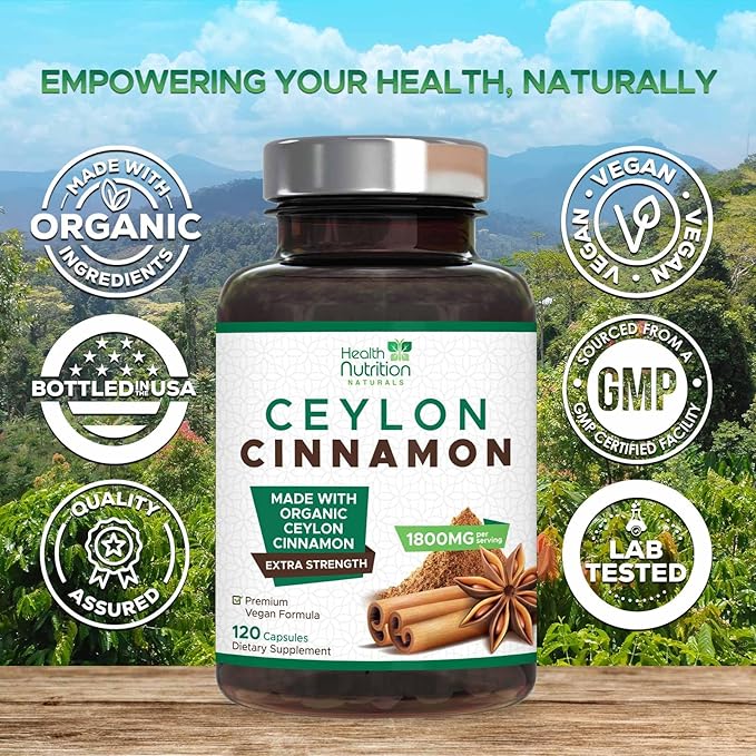 Organic Ceylon Cinnamon Capsules 1800 mg - Pure True Ceylon Cinnamon Powder Supplements, Certified Organic Herbal Supplement, Non-GMO, Gluten Free, Vegan, Antioxidant Pills Supplement - 120 Capsules