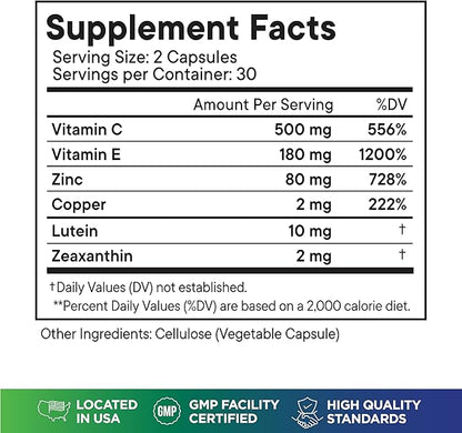 AREDS 2 Eye Vitamin & Mineral Supplement, Contains Lutein, Vitamin C, Zeaxanthin, Zinc & Vitamin E, with Added Copper - 60 Count