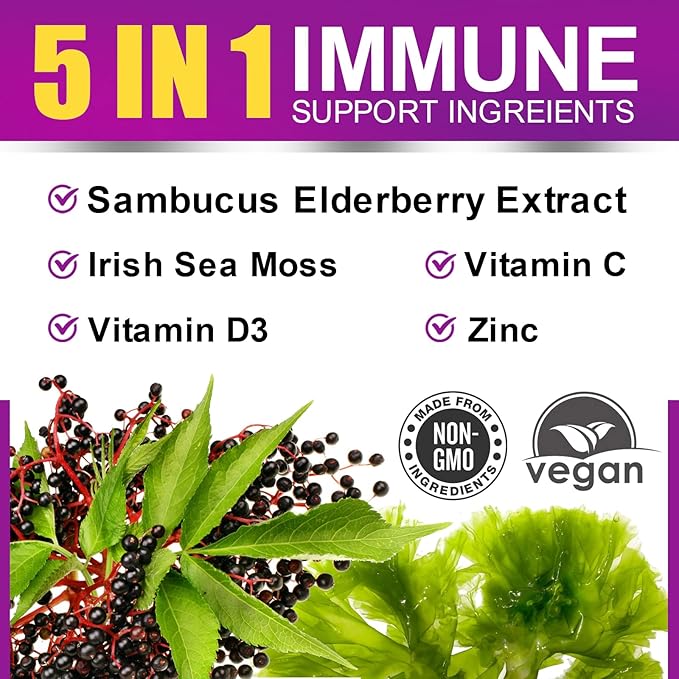 Elderberry Gummies & Irish Sea Moss, Organic Sambucus Elderberry Gummy with Seamoss, Zinc, Vitamin C, D3, Multivitamin Elderberry Vitamin & Energy Support Supplements - Sugar-Free