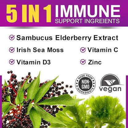 Elderberry Gummies & Irish Sea Moss, Organic Sambucus Elderberry Gummy with Seamoss, Zinc, Vitamin C, D3, Multivitamin Elderberry Vitamin & Energy Support Supplements - Sugar-Free