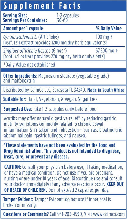 Acutibs Vegan Capsules - Natural Digestive Aid with Artichoke & Ginger Extracts for Gastric Discomfort Relief, Nausea, Bloating & Abdominal Pain, Helps Ease IBS and Reduce Gut Inflammation, 60 Count