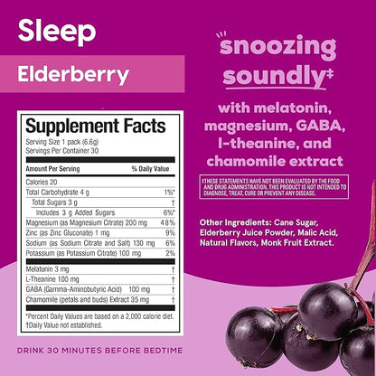 Hydrant Sleep, Individual Hydrating Rest and Recovery Powder Stick Packets with a Blend of Melatonin, L-Theanine, Magnesium, & Chamomile (Elderberry, 30 Pack)