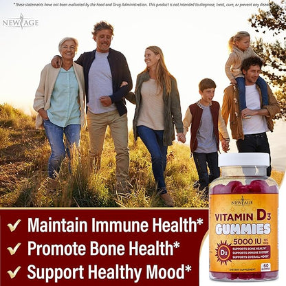 NEW AGE Vitamin D3 5000 IU 125mcg Gummies - Support Immune Support, Strong Bone Health - Non-GMO, Gluten-Free, Dairy-Free, No Gelatin (60 Gummies (Pack of 1))