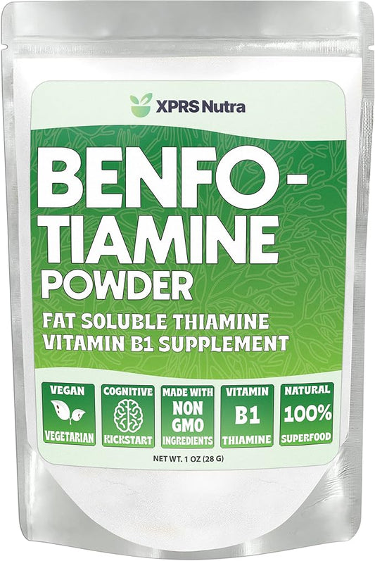 XPRS Nutra Benfotiamine Powder (Thiamine) - Fat Soluble Happy Heart Thiamine Supplement - Advanced Vitamin B1 Benfotiamine for a Cognitive Boost - Vegan Friendly Benfotamine Powder (1 Ounce)