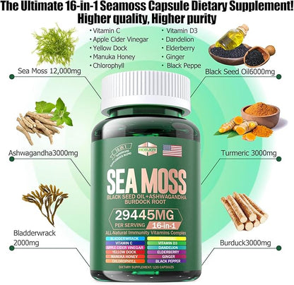 Sea Moss 12000mg Black Seed Oil 6000mg Ashwagandha 3000mg Turmeric 1000mg Bladderwrack 2000mg Burdock 3000mg & Vitamin C & D3 with Elderberry Manuka Dandelion Yellow Dock Iodine Chlorophyll ACV