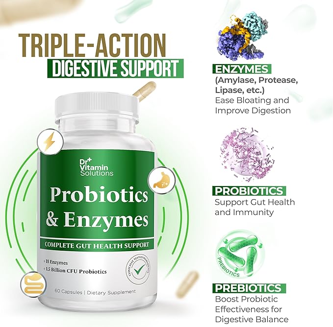 Dr. Vitamin Multi Enzymes, Pre and Probiotics for Digestive Health | 18 Active Enzymes & 1.5 Billion CFU Probiotics for Women & Men | Digestive Enzymes w/Prebiotics for Bloating Relief | 60 Capsules