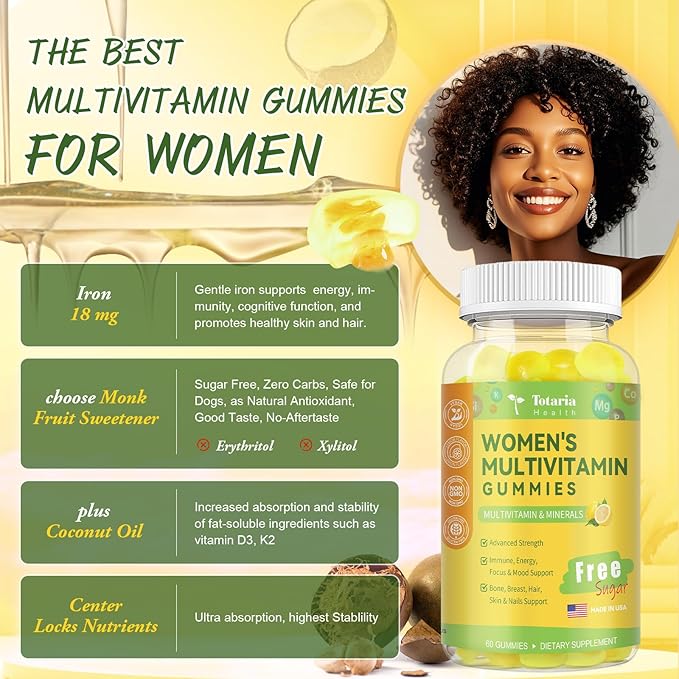 (2 Packs) Sugar Free Multivitamin Gummies for Women 14+ w/Iron, Inositol, Folate, Biotin, Womens Daily Multivitamin Gummy w/Vitamin A, D, C, B, Support Hair, Skin, Energy, Immune, Lemon Flavor