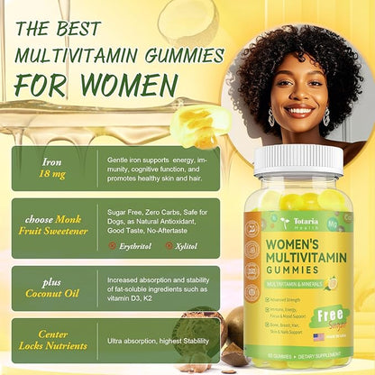 (2 Packs) Sugar Free Multivitamin Gummies for Women 14+ w/Iron, Inositol, Folate, Biotin, Womens Daily Multivitamin Gummy w/Vitamin A, D, C, B, Support Hair, Skin, Energy, Immune, Lemon Flavor
