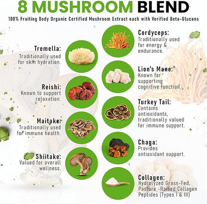 Organic Ceremonial Mushroom Matcha Certified Pesticide-Free Grass-Fed Collagen Types I & III 8 Fruiting Body Mushrooms Tested for Beta-Glucans Focus Digestion & Immunity 30 Servings