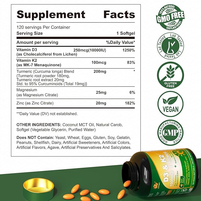 Liposomal Vitamin D3 10000 IU w/Vitamin K2 (MK-7), Turmeric, MCT Oil, Magnesium & Zinc for Max Calcium Absorption, D3 and K2 Supplements for Bone, Moo-d & Immune, Vegan, 120Cts