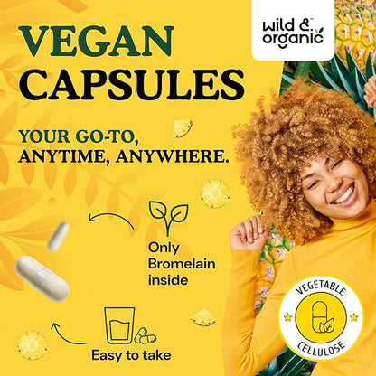 Wild & Organic Bromelain 500 mg Capsules - Digestive Support - Natural Bromelain Supplement - Pineapple Enzyme Source - Vegan, No Fillers, Non-GMO - 90 Count