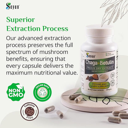 Sayan Siberian Chaga Mushroom Extract with Betulin – 90 Capsules/440mg ea – Wild-Harvested Antioxidant Blend – Immune System Support & Regulate Body Functions – Vegan, Non-GMO, No Fillers or Additives