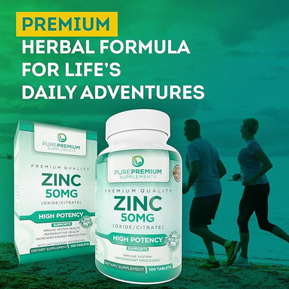 PurePremium Natural Zinc 50mg Supplements for Men & Women - High Potency Vitamin Zinc Citrate/Oxide for Adults, Immune Antioxidant, Energy Support - 100 Tablets