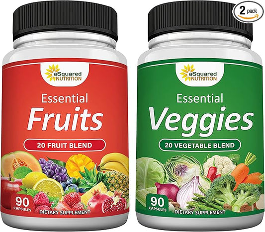 aSquared Nutrition Fruits and Veggies Supplement - 90 Veggie & 90 Fruit Capsules - Superfood Vegetable Greens Vitamins Pills - Nature's Super Food Alternative to Powder & Gummies
