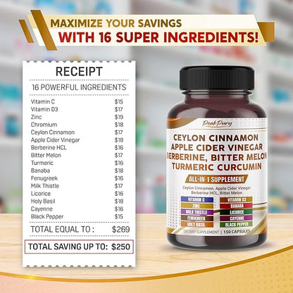 Ceylon Cinnamon Apple Cider Vinegar Berberine Bitter Melon - Made in USA