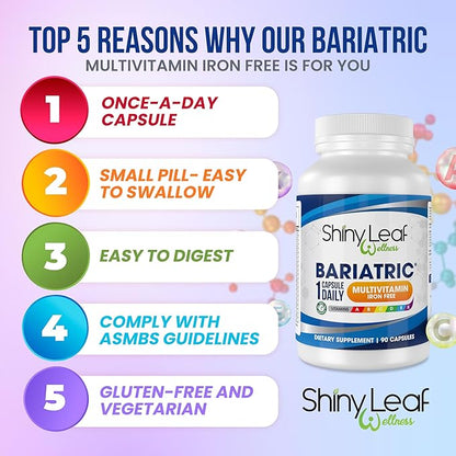 Shiny Leaf Bariatric Multivitamin Without Iron - Vitamins for Gastric Bypass & Sleeve, 1 Daily Capsule W Vitamin A, C, D, Biotin, Zinc, B12, K, Vegetarian, Soy-Free, GMP Cert., Made in USA (30 Ct.)