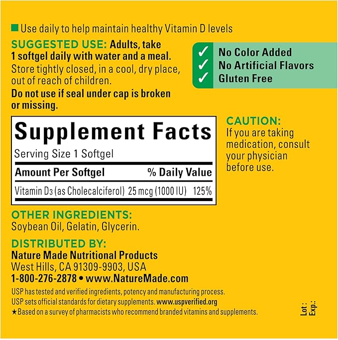 Nature Made Vitamin D3 1000 IU (25 mcg), Dietary Supplement for Bone, Teeth, Muscle and Immune Health Support, 300 Softgels, 300 Day Supply