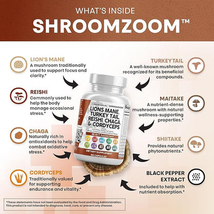 Clean Nutraceuticals Lions Mane 20in1 Mushroom Supplement with Turkey Tail Reishi Cordyceps Chaga Maitake Meshima Poria Cocos Shiitake Oyster Porcini Enoki - Pack