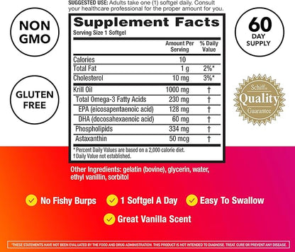 MegaRed Ultra Strength 1000mg Omega-3 Krill Oil Supplement with EPA/DHA, Astaxanthin & Phospholipids, No Fish Oil Aftertaste Supports Heart, Brain, Joint and Eye Health, 60 Count Softgels.