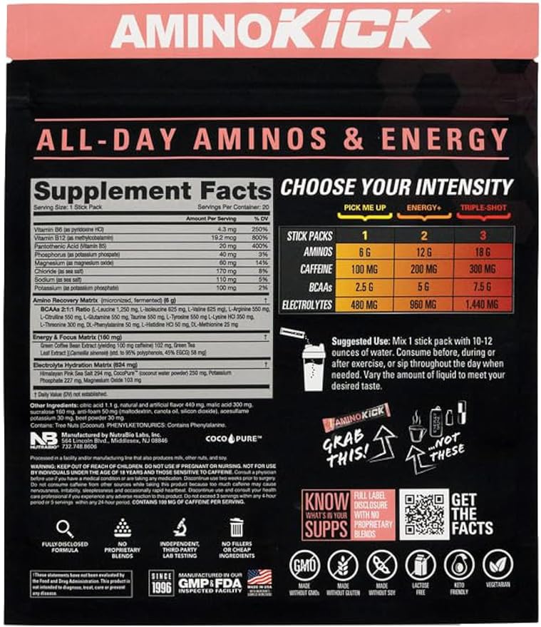 NutraBio – Amino Kick – All in One Performance Formula Energy, Hydration, Recovery 20 Servings, (Raspberry Lemonade) – 6g Amino Acids – Support Muscle Building